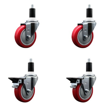 Service Caster 4'' Red Poly Wheel Swivel 1-3/8'' Expanding Stem Caster Set 2 Brakes, 4PK SCC-EX20S414-PPUB-RED-2-PLB-2-138